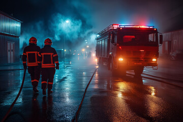 A fire brigade with a truck on extinguishing a fire on the evening street of the city