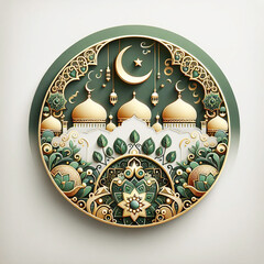 Green and gold color Eid Mubarak with a mosque gold Ramadan top background concept Ai generative.