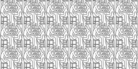 Fototapeta premium Drawing of 4 people sitting in front of a bar and having fun, in one-line drawing on white background. Generative AI.