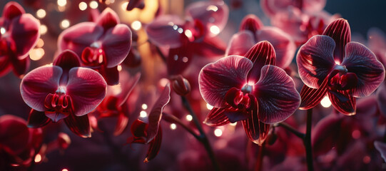 close up of a pink orchid flower on a dark background with backlight
