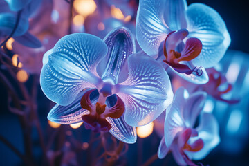 close-up of orchid flowers with blue neon lighting