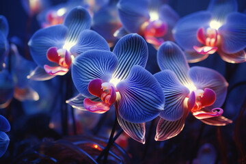 macro glowing blue orchid flowers - obrazy, fototapety, plakaty