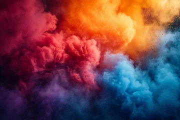 Fotobehang Clouds of bright, multicolored powder floating in the air, forming an abstract and colorful haze for the Holi, festival © Denis Yevtekhov