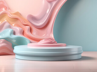 3D rendering. Pastel liquid swirl podium platform design. With copy text space. Mock-up template for product presentation