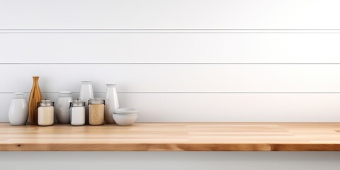 Fototapeta na wymiar Kitchen background with wood table, white wall; product display desk with empty wood tabletop, counter, shelf in retail shop for mockup, banner, template.