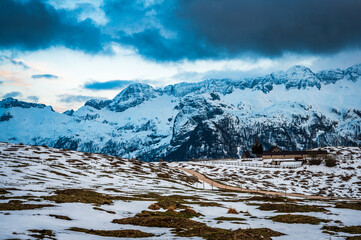 Fototapeta premium Snow on Mount Canin and Montasio. Spring snow