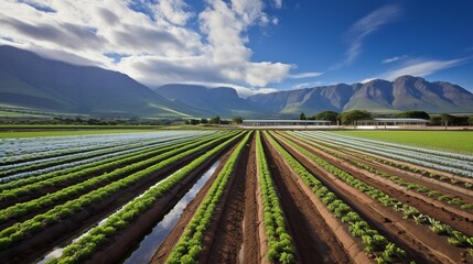 Lush Agricultural Fields with Mountain Backdrop - obrazy, fototapety, plakaty