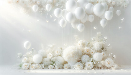 Elegant Wedding Fantasy: A Serene and Chic Celebration with Sparkling White flower Decor and White balloons