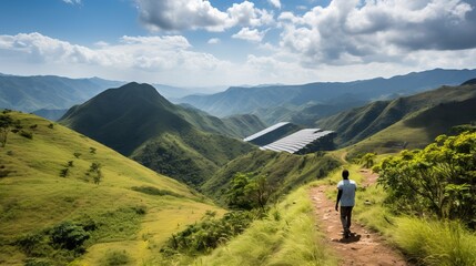 Fototapeta premium Lone Hiker Approaching Mountain Solar Panels