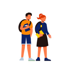 Cheerful college students with books and backpacks standing together. Vector illustration for communication, studying, school friends, youth, teenagers concept