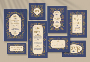Blue Gold Simple Artnouveau Flourish Wedding Invitation Set