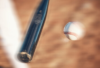 Softball, hit and closeup of field for training, sports and fitness, competition or outdoor...