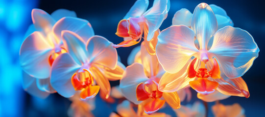 close-up of orchid flowers with neon lighting on a dark background - obrazy, fototapety, plakaty