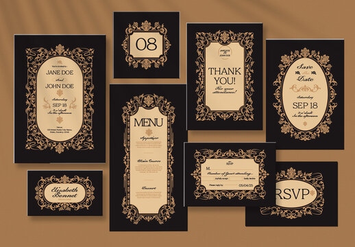 Black Gold Elegant Flourish Artnouveau Wedding Invitation Set