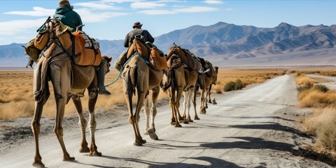 Camel caravan in the Sahara desert, Morocco, Africa. The concept of travel and adventure, isra mi'raj - obrazy, fototapety, plakaty