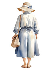 watercolor style, Back view of a old women in tourist clothing isolated on white background. ai generative