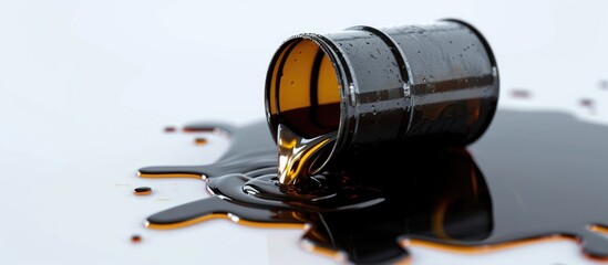 Oil-filled barrel on white background with spillage.
