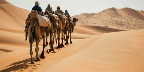 Camel caravan in the Sahara desert, Morocco, Africa. The concept of travel and adventure, isra mi'raj - obrazy, fototapety, plakaty