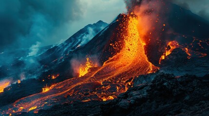 Volcanic eruption with lava flow under dark ash clouds