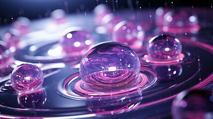 liquid droplet, in the style of luminous spheres, light violet, polished metamorphosis, light-focused, contemporary candy-coated. water drops are made of purple lights, in the style of photorealistic 