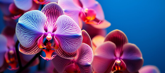 close-up of purple orchids on a blue background