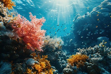 Fototapeta na wymiar Underwater coral reef teems with marine life, surface view