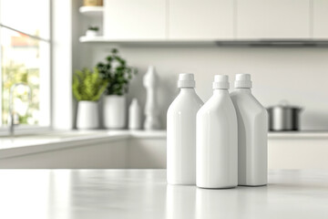 Cleaning the house. white bottles with cleaning detergents stand on the kitchen table