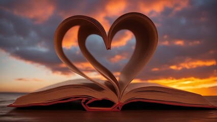 heart shaped book on the sky A book page folded into a heart shape on a sunset background. The book page has some words and letters 