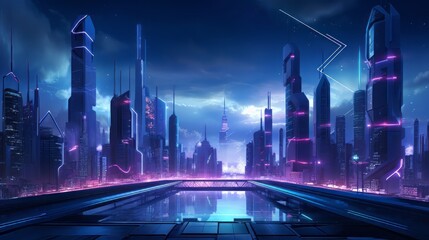 futuristic cyberpunk neon cityscape at night - 3d illustration of a retro future urban scene with vibrant lights - sci-fi background wallpaper - obrazy, fototapety, plakaty
