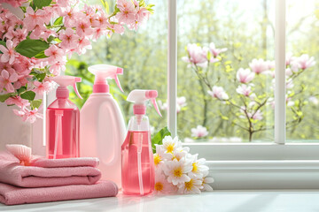 Obraz na płótnie Canvas Cleaning the house. pink bottles with detergents and towels stand on the windowsill