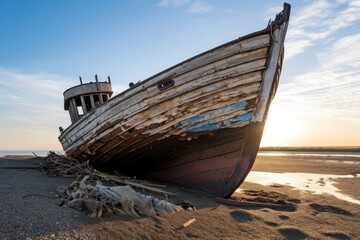 Boat on Sandy Beach at Sunset, Relaxing Coastal Scene, Vacation Getaway