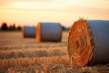 Bales of Hay in Field at Sunset, Rustic Countryside Scene With Golden Light and Agricultural Harvest