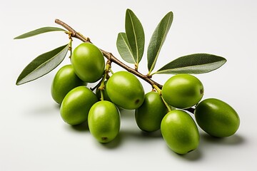 Fresh Green Olives with Leaves on White Background