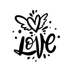 Love text and heart sign with wings. Cartoon style vector illustration.