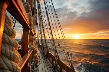 Obraz premium Sun Setting Over Ocean on Ship, Tranquil Evening Scene With Golden Sky