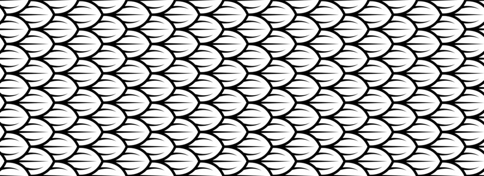 Dragon snake reptile fish mermiad scale seamless pattern tile. Dinosaur skin seamless pattern. Vector black line background.