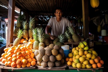 Man in Front of Pineapple and Orange Display at Market
