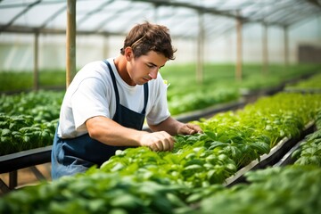 Naklejka na ściany i meble Man Tending to Lettuce in Greenhouse for Healthy Harvesting