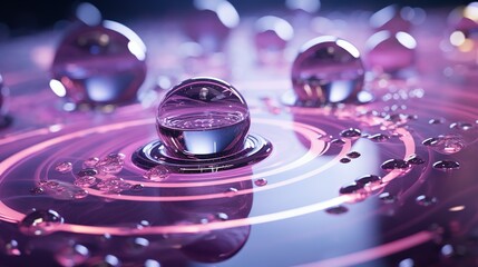 liquid droplet, in the style of luminous spheres, light violet, polished metamorphosis, light-focused, contemporary candy-coated. water drops are made of purple lights, in the style of photorealistic  - obrazy, fototapety, plakaty