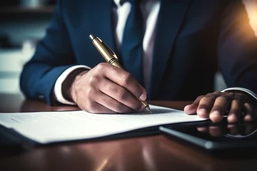 Fotobehang Mature businessman signs documents with a pen making the signature sitting at the desk  © Ahmed