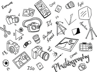 Set of doodle photography icons. hand drawn line art sign and symbol illustrations of photographers equipment and tools © AarRaeidul