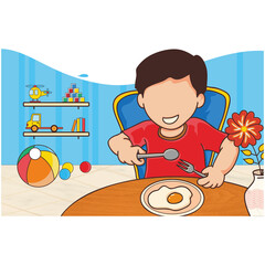 Boy eat egg with background toys