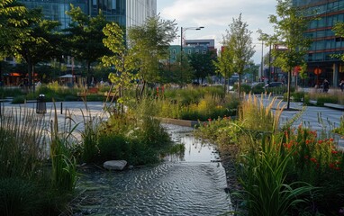 Rewilded urban plaza with rain gardens and sustainable drainage, promoting eco-friendly urban design, morning light