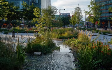 Rewilded urban plaza with rain gardens and sustainable drainage, promoting eco-friendly urban...