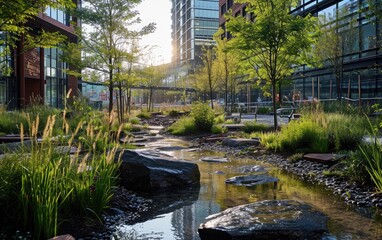 Rewilded urban plaza with rain gardens and sustainable drainage, promoting eco-friendly urban design, morning light