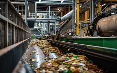 The interior of a food waste recycling facility, focusing on the machinery and processes involved in turning organic waste into compost