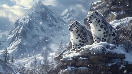 A pair of snow leopards camouflaged among rocky outcrops in a high-altitude snowy landscape, their sleek fur blending seamlessly with the wintry surroundings