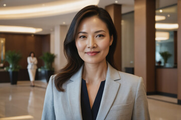 portrait of middle age east asian businesswoman in modern hotel lobby - obrazy, fototapety, plakaty