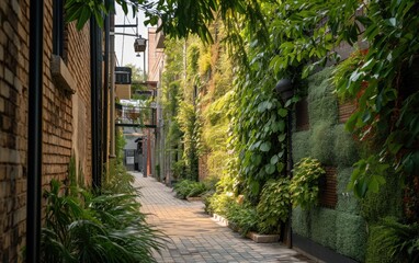 Fototapeta na wymiar A transformed urban alleyway into a green space with vertical gardens