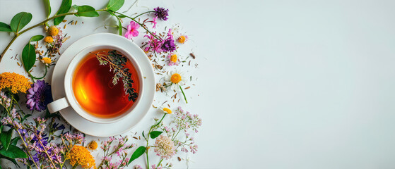 Creative layout made of cup of tea, green tea, black tea, fruit and herbal, tea on white background. - obrazy, fototapety, plakaty